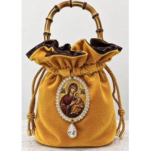 Bolsa de joya TittiBi - Velvet Sagrado ocre con Madonna Medallion