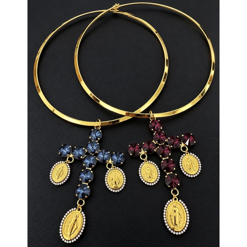 Jewel collar in steel with crystals cross and miraculous medals - TittiBi