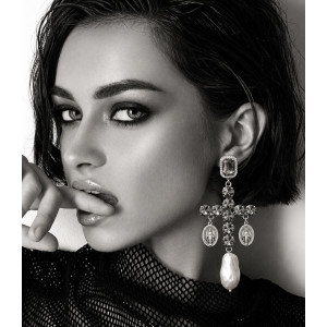 Jewel earrings TittiBi - Miraculous Cross Silver & Pearl