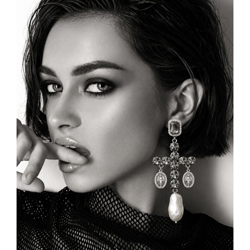 Pendientes de joya TittiBi - Milagrosos Cruz Silver & Pearl